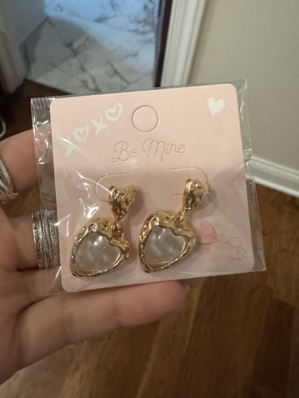 Gold Tone Heart Drop Earrings with Pearl Center